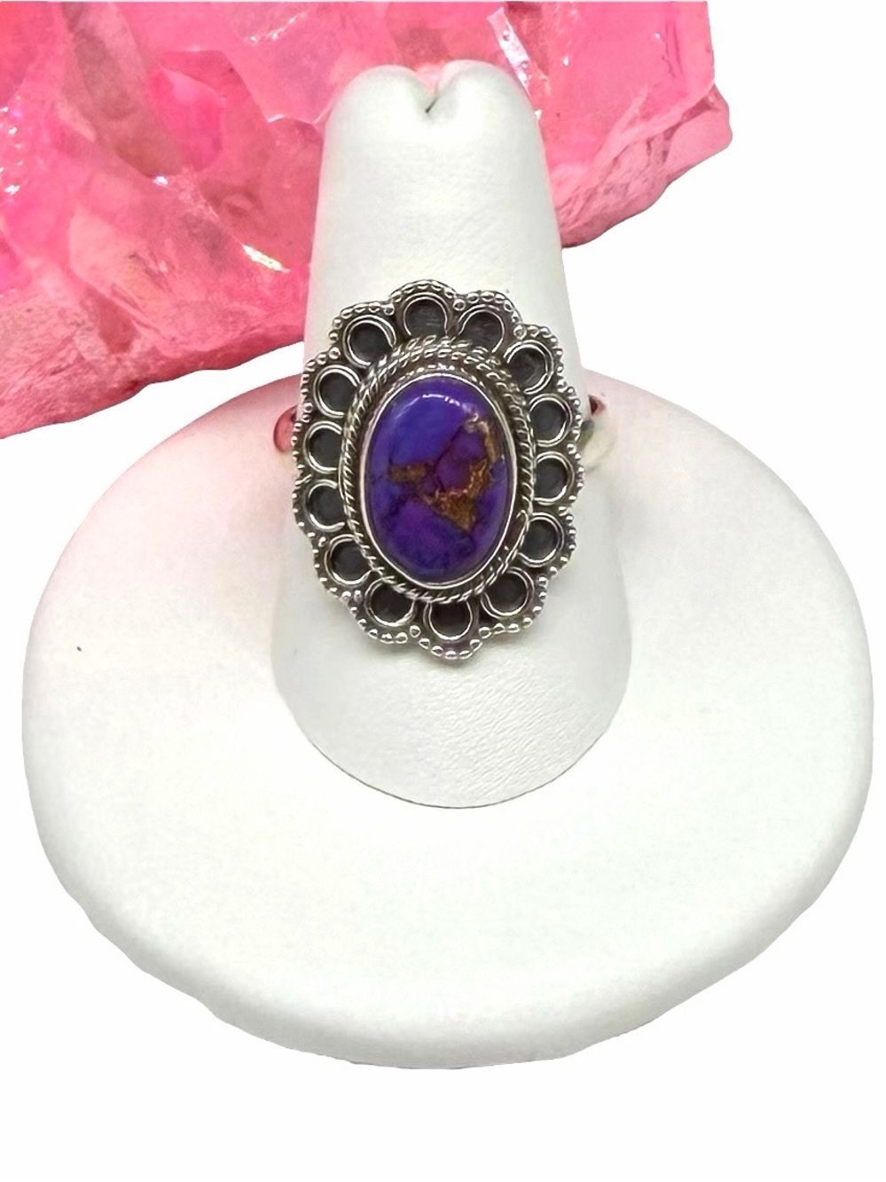 Kingman Purple Copper Turquoise Ring Size 8 Solid 925 Sterling Silver Flower